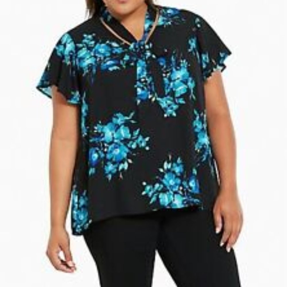 Torrid Black and Blue Floral Blouse Tie Neck 2X